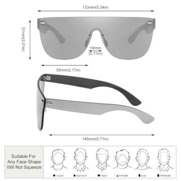 2020 VentiVenti Rimless Sunglasses For Women Men One Piece Square Oversize Mirror Lens Anti Reflective Silver Revo