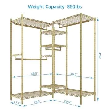 VIPEK L6 L Shaped Clothes Rack Heavy Duty Clothing Rack for Corner, 5-Tier Wire Garment Rack Metal Freestanding Closet with Adjustable Shelves, 46.5" L x 46.5" W x 76.4" H, Max Load 850LBS, Gold