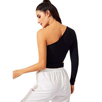 SweatyRocks Women's Cutout Waist Long Sleeve One Shoulder Crop Top T Shirt Black M
