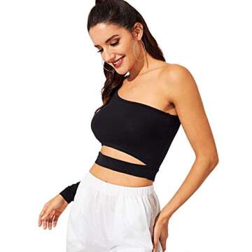 SweatyRocks Women's Cutout Waist Long Sleeve One Shoulder Crop Top T Shirt Black M