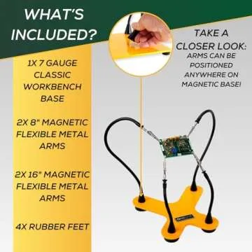 QuadHands Classic Workbench Soldering Helping Third Hand Tool | 4 Gooseneck Flexible Positionable Arms | Sturdy Base | Rotating Stainless Steel Alligator Locking Clamps | Circuit Board Holder | USA
