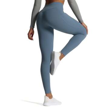 Aoxjox Trinity High Waisted Yoga Pants with Pockets for Women Tummy Control Cross-Waist Buttery Soft Crossover Workout Leggings 26'' (Steel Blue, Small)