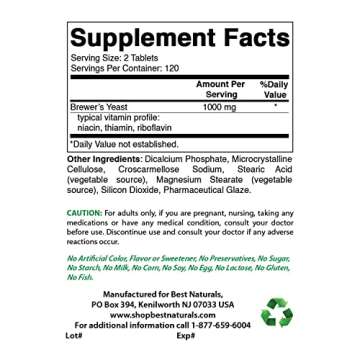 Best Naturals Brewers Yeast 500mg 240 Tablets (1000mg Serving) - 3rd Party Lab Tested for Quality & ...