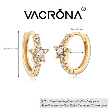 VACRONA Gold Hoop Earrings Huggie for Women Cubic Zirconia 14k Gold Plated Small Star Huggie Hoops Earrings Hypoallergenic Jewelry Gifts