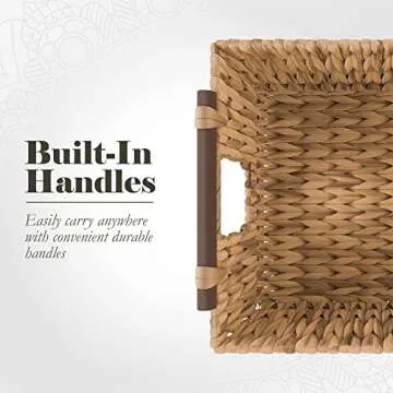 American Atelier Water Hyacinth Wicker Basket with Handles | Square Woven Wicker Storage Baskets with Builtin Carry Handles | Laundry Storage or Pantry Bin | Natural Weave | American Atelier
