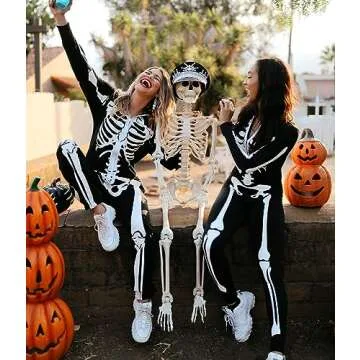 Tipsy Elves Halloween Skeleton Costume for Women - Comfy Easy Adult Onesie Jumpsuit - Front and Back Print with Zip Up Mask - Women's White Skeleton Jumpsuit Halloween Costume Size Medium