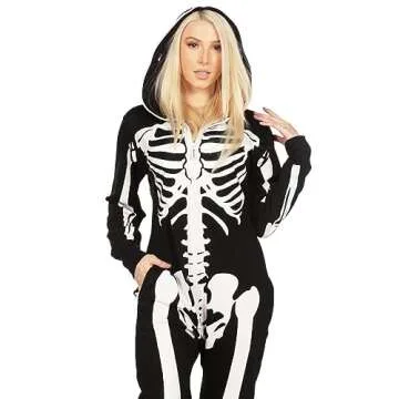 Tipsy Elves Halloween Skeleton Costume for Women - Comfy Easy Adult Onesie Jumpsuit - Front and Back Print with Zip Up Mask - Women's White Skeleton Jumpsuit Halloween Costume Size Medium