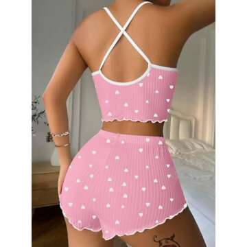Hilinker Womens Heart 2 Piece Pajama Set Sexy Ribbed Crop Cami and Shorts Cute PJ Sets Pink White Heart Small