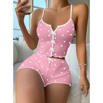 Hilinker Womens Heart 2 Piece Pajama Set Sexy Ribbed Crop Cami and Shorts Cute PJ Sets Pink White Heart Small