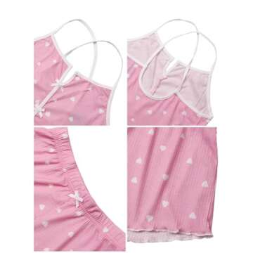 Hilinker Womens Heart 2 Piece Pajama Set Sexy Ribbed Crop Cami and Shorts Cute PJ Sets Pink White Heart Small