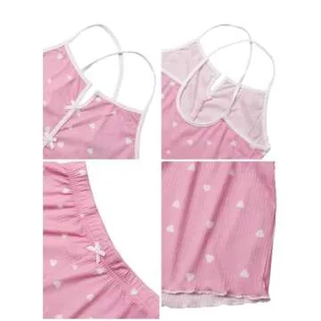 Hilinker Womens Heart 2 Piece Pajama Set Sexy Ribbed Crop Cami and Shorts Cute PJ Sets Pink White Heart Small