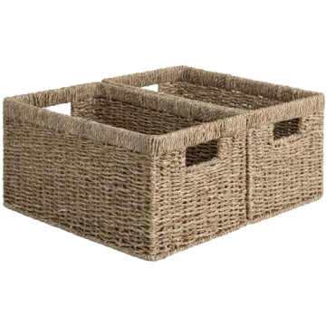 StorageWorks Baskets for Organizing, Wicker Baskets with Built-in Handles, Storage Basket, Seagrass Baskets for Shelves (Medium 2-Pack, Natural Water Hyacinth)