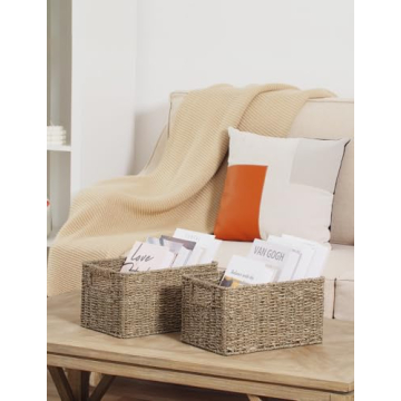 StorageWorks Baskets for Organizing, Wicker Baskets with Built-in Handles, Storage Basket, Seagrass Baskets for Shelves (Medium 2-Pack, Natural Water Hyacinth)