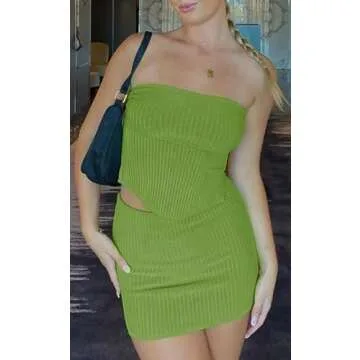 CHYRII Womens Sexy Summer Two Piece Outfits Bandeau Going Out Crop Tops Bodycon Skirt Sets Mini Dress Green XS