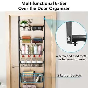 1Easylife Over the Door Pantry Organizer, 6-Tier Pantry Door Organization and Storage, Heavy-Duty Metal Hanging Kitchen Spice Rack Can Organizer, Space-saving (4x4.72+2x5.9 Width Baskets, Black)