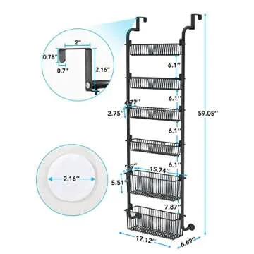 1Easylife Over the Door Pantry Organizer, 6-Tier Pantry Door Organization and Storage, Heavy-Duty Metal Hanging Kitchen Spice Rack Can Organizer, Space-saving (4x4.72+2x5.9 Width Baskets, Black)