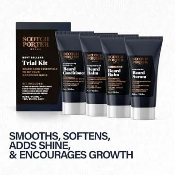 Scotch Porter Beard Trial Kit – Cleanse, Moisturize, Soothe & Style while Encouraging Growth for a Fuller/Healthier-Looking Beard – Includes Conditioner, Conditioning Balm, Shape + Hold Balm & Serum