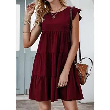 KIRUNDO Wedding Guest Dresses for Women Short Summer Sleeveless Ruffle Sleeve Round Neck Loose Short Flowy Pleated Tiered Mini Dress (Wine Red, X-Large)