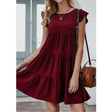 KIRUNDO Wedding Guest Dresses for Women Short Summer Sleeveless Ruffle Sleeve Round Neck Loose Short Flowy Pleated Tiered Mini Dress (Wine Red, X-Large)