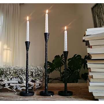 Iron Taper Candle Holders - Cast Iron Candlestick Holders - Metal Black Candle Holder - Decorative Candle Stand - Set of 3
