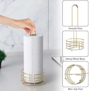 Buruis Paper Towel Holder Countertop, 13 X 6 Inch Standing Paper Towel Roll Holder for Kitchen Bathroom, One-Handed Tear Kitchen Paper Towel Dispenser for Standard Paper Towel Rolls (Gold)