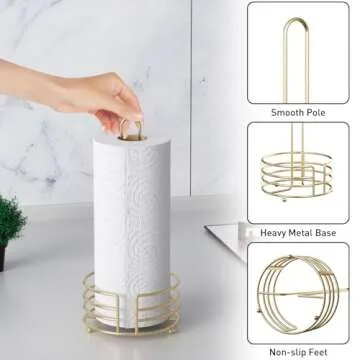 Buruis Paper Towel Holder Countertop, 13 X 6 Inch Standing Paper Towel Roll Holder for Kitchen Bathroom, One-Handed Tear Kitchen Paper Towel Dispenser for Standard Paper Towel Rolls (Gold)