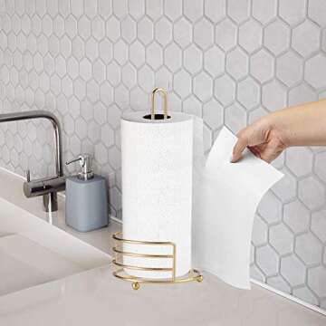 Buruis Paper Towel Holder Countertop, 13 X 6 Inch Standing Paper Towel Roll Holder for Kitchen Bathroom, One-Handed Tear Kitchen Paper Towel Dispenser for Standard Paper Towel Rolls (Gold)