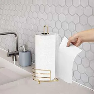 Buruis Paper Towel Holder Countertop, 13 X 6 Inch Standing Paper Towel Roll Holder for Kitchen Bathroom, One-Handed Tear Kitchen Paper Towel Dispenser for Standard Paper Towel Rolls (Gold)