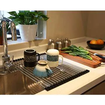 Ahyuan Roll up Dish Drying Rack Over The Sink Kitchen Roll up Sink Drying Rack Portable Dish Drainer Foldable Dish Drying Rack (Black, 17.8''X14'')