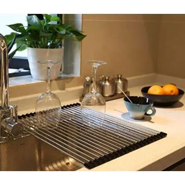 Ahyuan Roll up Dish Drying Rack Over The Sink Kitchen Roll up Sink Drying Rack Portable Dish Drainer Foldable Dish Drying Rack (Black, 17.8''X14'')