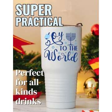 Onebttl Hanukkah Gifts for Women Men, Chanukkah Jewish Gifts, Oy To The World 30oz Tumbler with Lid Straw for Hanukkah Day - White