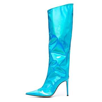 Arqa Women's Metallic Knee High Boots Stiletto High Heels Wide Calf Boot with Zipper Pointed Toe Dre...