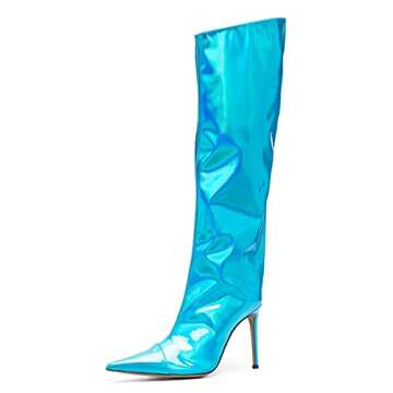 Arqa Women's Metallic Knee High Boots Stiletto High Heels Wide Calf Boot with Zipper Pointed Toe Dressy Booties Light Blue Size 9