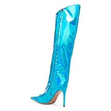 Arqa Women's Metallic Knee High Boots Stiletto High Heels Wide Calf Boot with Zipper Pointed Toe Dressy Booties Light Blue Size 9