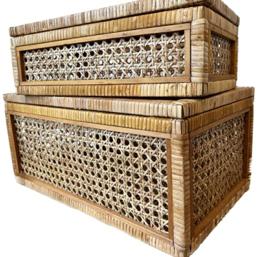 Rustic Rattan Woven Decorative Storage Boxes Set of 2