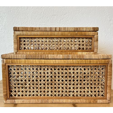 Rustic Rattan Woven Decorative Storage Boxes Set of 2