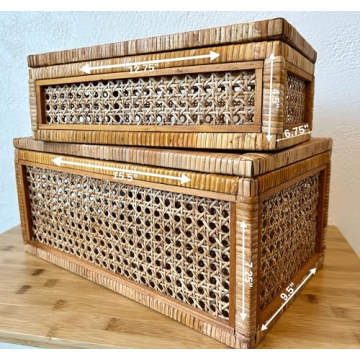 Rustic Rattan Woven Decorative Storage Boxes Set of 2