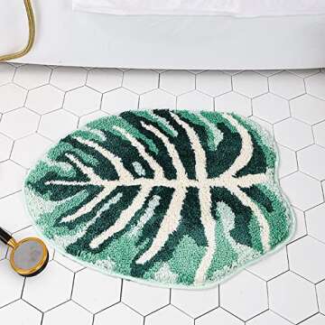 UKELER Cute Monstera Leaf Shape Bathroom Rug for Kids Non Slip Absorbent Bath Mat Washable Shaggy Ki...