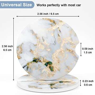 Nipichsha Car Coasters for Cup Holders, 2 Pack Absorbent Ceramic Car Cup Holder Coaster for Drinks, Cute Auto Assecories for Women Men, Size 2.56 in with Finger Notch & Cork Base, Gray Gold