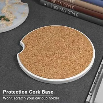 Nipichsha Car Coasters for Cup Holders, 2 Pack Absorbent Ceramic Car Cup Holder Coaster for Drinks, Cute Auto Assecories for Women Men, Size 2.56 in with Finger Notch & Cork Base, Gray Gold