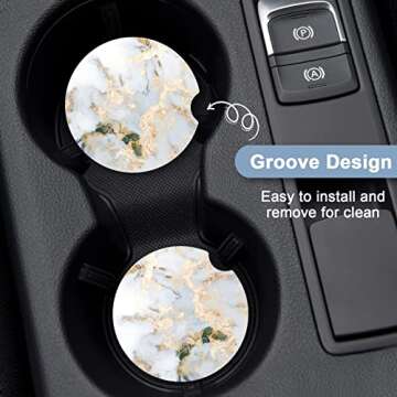 Nipichsha Car Coasters for Cup Holders, 2 Pack Absorbent Ceramic Car Cup Holder Coaster for Drinks, Cute Auto Assecories for Women Men, Size 2.56 in with Finger Notch & Cork Base, Gray Gold