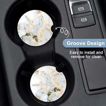 Nipichsha Car Coasters for Cup Holders, 2 Pack Absorbent Ceramic Car Cup Holder Coaster for Drinks, Cute Auto Assecories for Women Men, Size 2.56 in with Finger Notch & Cork Base, Gray Gold