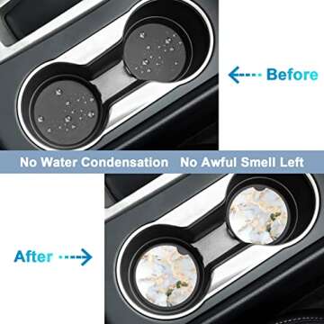 Nipichsha Car Coasters for Cup Holders, 2 Pack Absorbent Ceramic Car Cup Holder Coaster for Drinks, Cute Auto Assecories for Women Men, Size 2.56 in with Finger Notch & Cork Base, Gray Gold