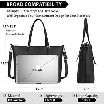 Laptop Tote Computer Bag for Women 15.6 Inch Waterproof Lightweight Leather For Business Office Work Briefcase Large Travel Shoulder Handbag Black