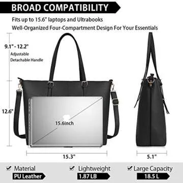 Laptop Tote Computer Bag for Women 15.6 Inch Waterproof Lightweight Leather For Business Office Work Briefcase Large Travel Shoulder Handbag Black
