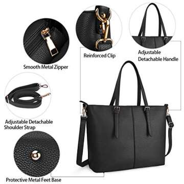 Laptop Tote Computer Bag for Women 15.6 Inch Waterproof Lightweight Leather For Business Office Work Briefcase Large Travel Shoulder Handbag Black