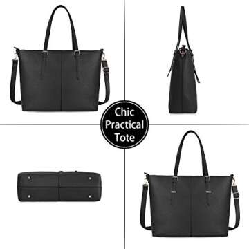 Laptop Tote Computer Bag for Women 15.6 Inch Waterproof Lightweight Leather For Business Office Work Briefcase Large Travel Shoulder Handbag Black