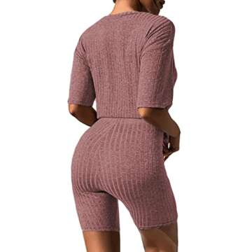 Ekouaer Pajamas 2 Piece Lounge Sets Ribbed Knit Matching Outfits T-shirt Biker Shorts Sleepwear Loungewear Sweatsuits Burgundy Small