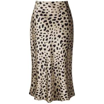 Keasmto Leopard Print Skirt for Women Cheetah High Waist Silk Satin Elasticized Midi Length Summer S...
