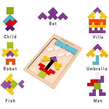 Wooden Blocks Puzzles Brain Teasers, Tangram Puzzles & Educational Toys for Toddlers Age 3 5 7 10, Colorful Russian Blocks with a Storage Bag, Perfect Montessori & Stem Toys Gift for Kids (40Pcs)